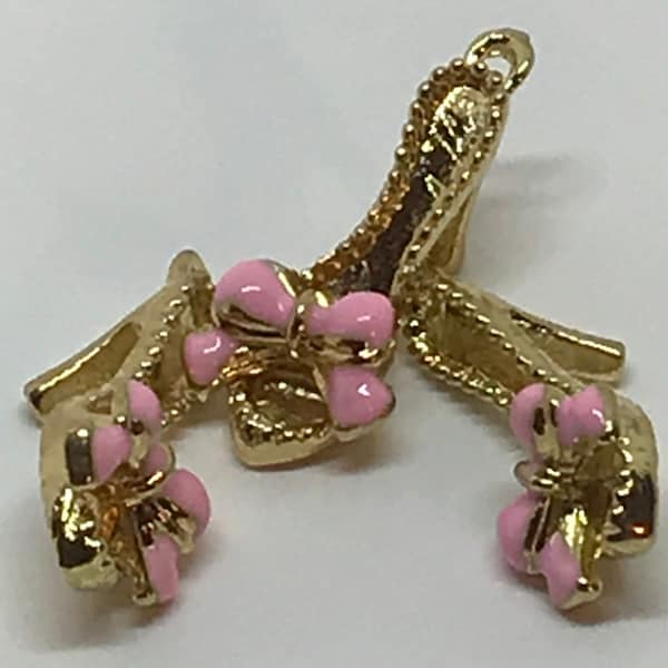 3 adorable gold tone high heeled shoes with pink enamel bows