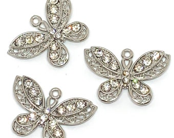 3 rhinestone and silver tone beautiful open design butterfly charms