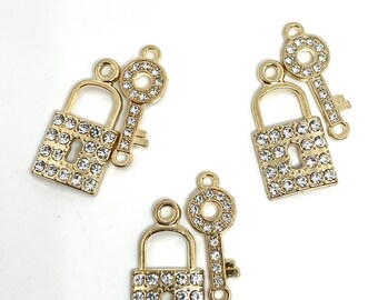 3 sets of rhinestone lock & key charms - gold tone finish - smaller size