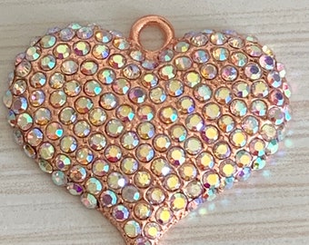 1 large AB rhinestones rose gold heart charm - pendant