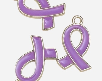 3 purple - dark lilac - enamel awareness ribbon charms - silver tone finish