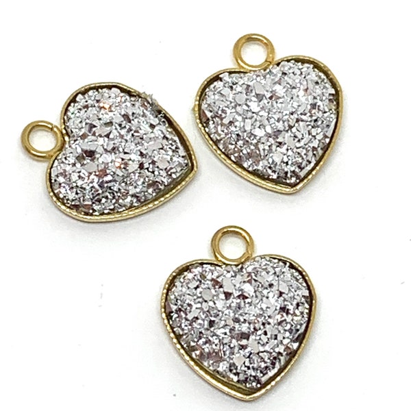 3 silver glitter resin druzy style gold plated heart charms