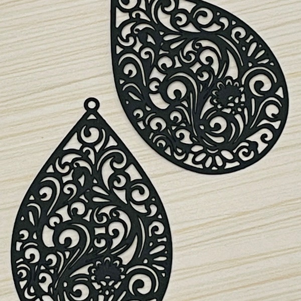 Set of 2 Black Teardrop Shaped Open Filigree Design Pendants - Charms