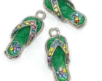 3 beautiful shiny green enamel and multicolored rhinestones flip flop charms - beach - summer - shoe - silver tone