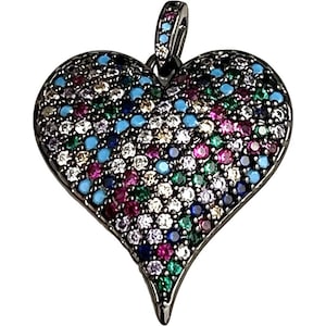 1 gorgeous pave black & multicolored CZ heart charm pendant - black - turquoise blue - purple - green - clear CZ stones