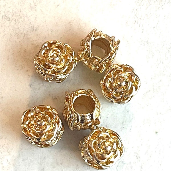 6 gold large hole beads - flower design on both sides - spacer beads