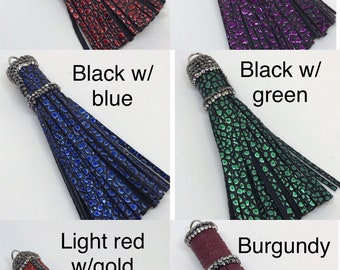 Beautiful leather tassel pendant - snakeskin design - pave druzy crystal cap - rhinestones