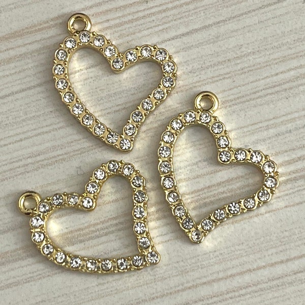 3 mostly rhinestone & gold tone open heart charms - side design