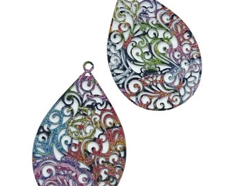 Set of 2 Multicolored Teardrop Shaped Open Filigree Design Charms