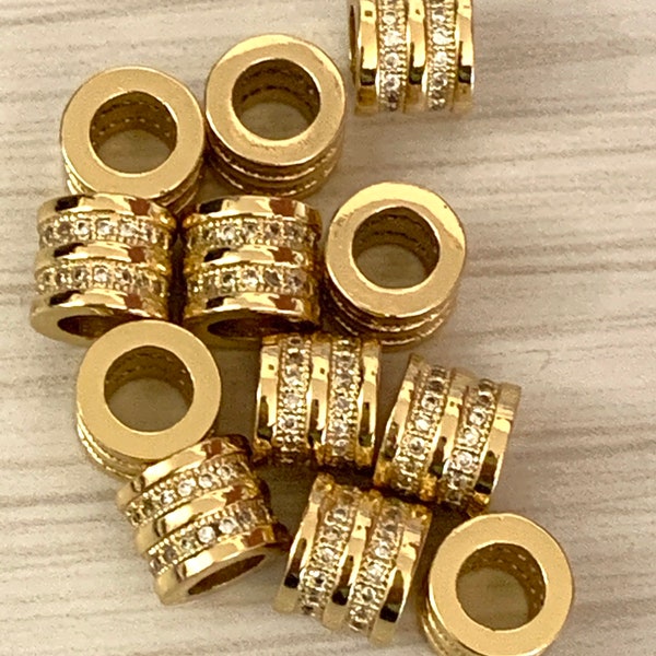 1 piece gold CZ micro pave bead - 8mm x 7mm cubic zirconia - cylinder shaped bead