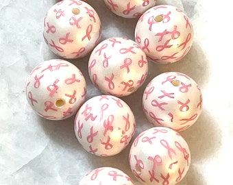 Set of 10 - 20mm pink ribbon awareness chunky bubblegum acrylic round beads