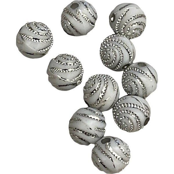 Set of 10 white round acrylic beads - silver metal enlaced - 10mm - spacer beads