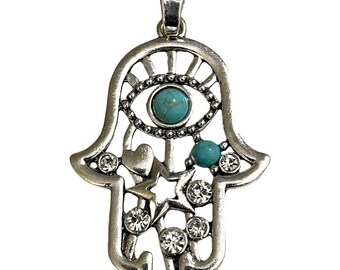 1 Large hamsa pendant - Tibetan silver and turquoise design - rhinestones necklace - diy jewelry - purse charm - luggage tag