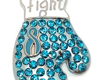 1 teal rhinestone, white enamel with silver accents teal ribbon Fight boxing glove charm