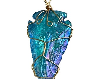 Beautiful electroplated turquoise crystal rock pendant - shades of purple gold wire wrapped pendant