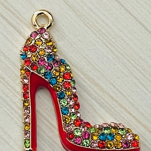 1 Gorgeous mostly multicolored rhinestones high heeled stiletto shoe charm - pendant - gold tone