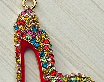 1 Gorgeous mostly multicolored rhinestones high heeled stiletto shoe charm - pendant - gold tone