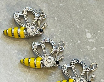 3 Beautiful rhinestone and yellow enamel silver tone bumblebee charms - black crystal eye
