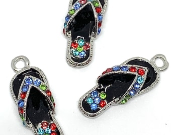3 beautiful shiny black enamel and multicolored rhinestones flip flop charms - beach - summer - shoe - silver tone