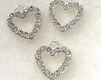 3 cute rhinestone open heart charms - silver tone - love