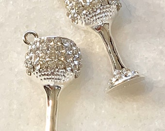 2 clear rhinestones silver tone wine glass cup charms