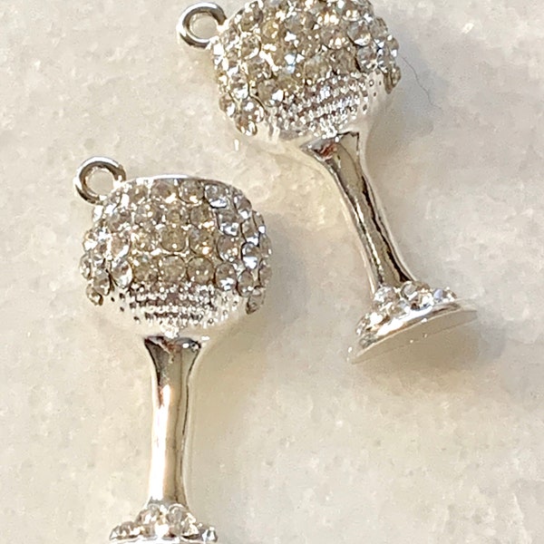 2 clear rhinestones silver tone wine glass cup charms