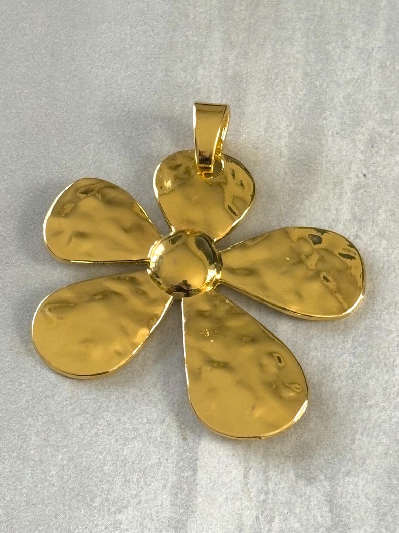 Fancy Gold R Flower Large Gold Daisy Flower Pendant, Antique Hammered Charm for Necklace or ...