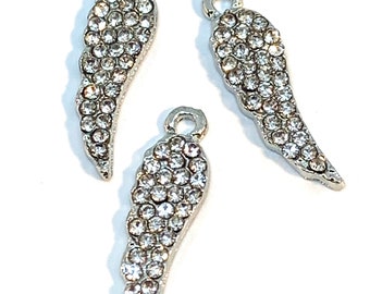 3 Beautiful rhinestone and silver tone two sided angel wing charms