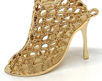 Large 3D high heel - open fishnet design - gold tone metal - stiletto - purse charm - key chain - luggage tag