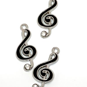 3 black enamel treble clef music note charms - silver tone