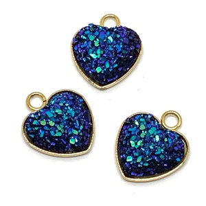 3 dark blue glitter resin druzy style gold plated heart charms