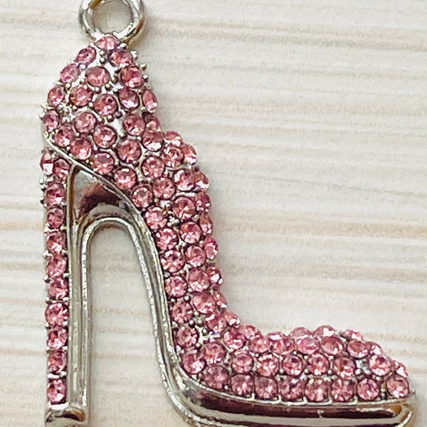 1 Pink rhinestones beautiful high heeled stiletto shoe charm - pendant - silver finish