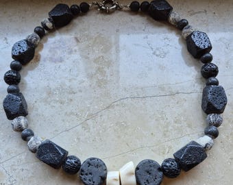 Chunky statement necklace in black lava and white coral | Elegant gift for women