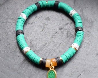 Katsuki Bracelet Turquoise Black, Gold-plated Metal Elements, Elastic