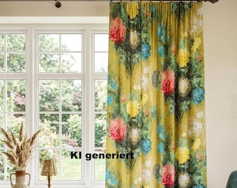 Vintage 1960s floral pattern in olive green, pink, and yellow – Retro country house/cottagecore boho style curtain – each 186 x 110 cm (L x W)