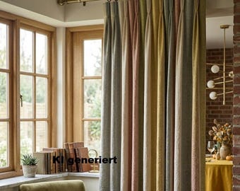 Vintage Curtains, 1960s, Set of 2 | 1970s – Bark Fabric, Block Stripes | Each 186 x 109 cm (L x W)