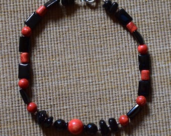 Necklace in black & red-orange, black onyx with bamboo coral, statement piece