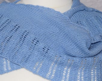 Lace knitted stole, blue shawl, wool and silk, 148 cm x 34 cm