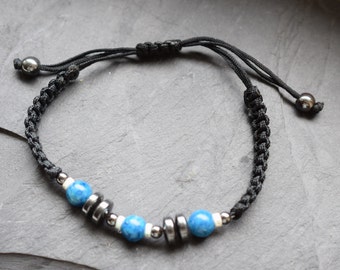 Macrame surfer bracelet, glass beads & hematite rondelles, adjustable