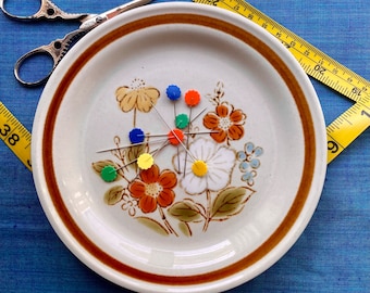 Magnetic Pin and Needle Holder - Vintage Saucer - Brown Floral Midcentury MCM Flowers - Pin Cushion Dish Cottagecore