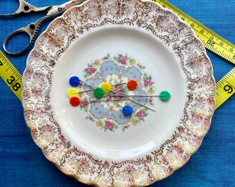 Magnetic Pin and Needle Holder - Vintage Saucer - Gold French Floral Midcentury MCM Flowers - Pin Cushion Dish