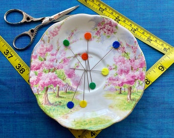 Magnetic Pin and Needle Holder - Vintage Saucer - Pink Cherry Blossom Floral Midcentury MCM Flowers - Pin Cushion Dish