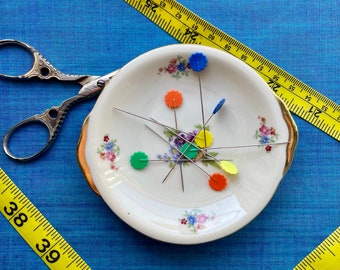 Magnetic Pin and Needle Holder - Vintage Saucer - Gold Floral Midcentury MCM Flowers French - Pin Cushion Dish