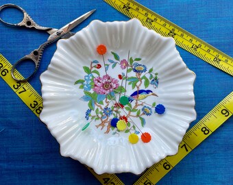 Magnetic Pin and Needle Holder - Vintage Saucer - Floral Bird French MCM Flowers - Pin Cushion