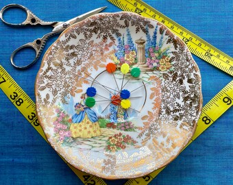 Magnetic Pin and Needle Holder - Vintage Saucer - Gold Floral Midcentury French Flowers - Pin Cushion Dish