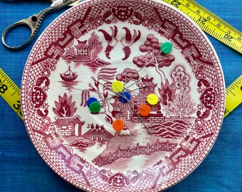 Magnetic Pin and Needle Holder - Vintage Saucer - Red Willow Scene - Pin Cushion Dish - Cottagecore