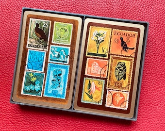 Vtg Hallmark Postmarks Bridge Playing Cards-  2 Double Deck Stamps Philately Plastic Coated - Box Gold Edge 60s 70s