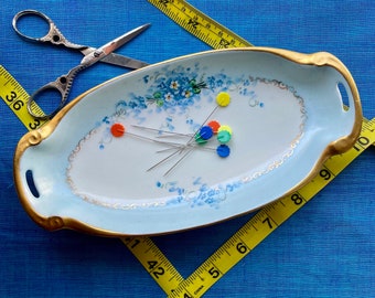 Magnetic Pin and Needle Holder - Vintage Saucer - Blue Floral Midcentury MCM Flowers Oblong Dish French - Pin Cushion
