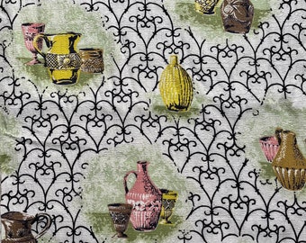 Mexican Pottery Fabric - 34” x 84” - Mexicana Pots Trellis - Boucle Barkcloth Home Dec - Midcentury MCM Curtain Pillow