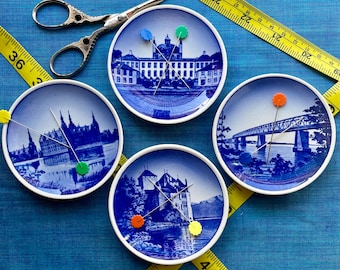 Magnetic Pin and Needle Holder - Vintage Saucer - Blue Danish Landmarks Cottagecore MCM - Pin Cushion Dish